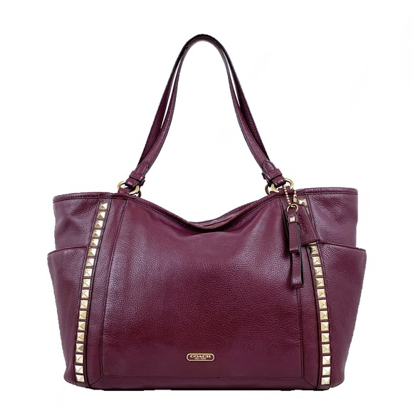 Coach All Leather Berry Large Carrie Park Pyramid Stud Tote...